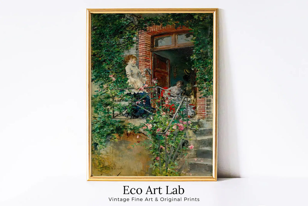Framed view of Flowers Garden Painting. Women Portrait. Vintage Landscape Print. On the terrace by Giovanni Boldini. Printable Wall Art. Digital Download – printable wall art digital download.