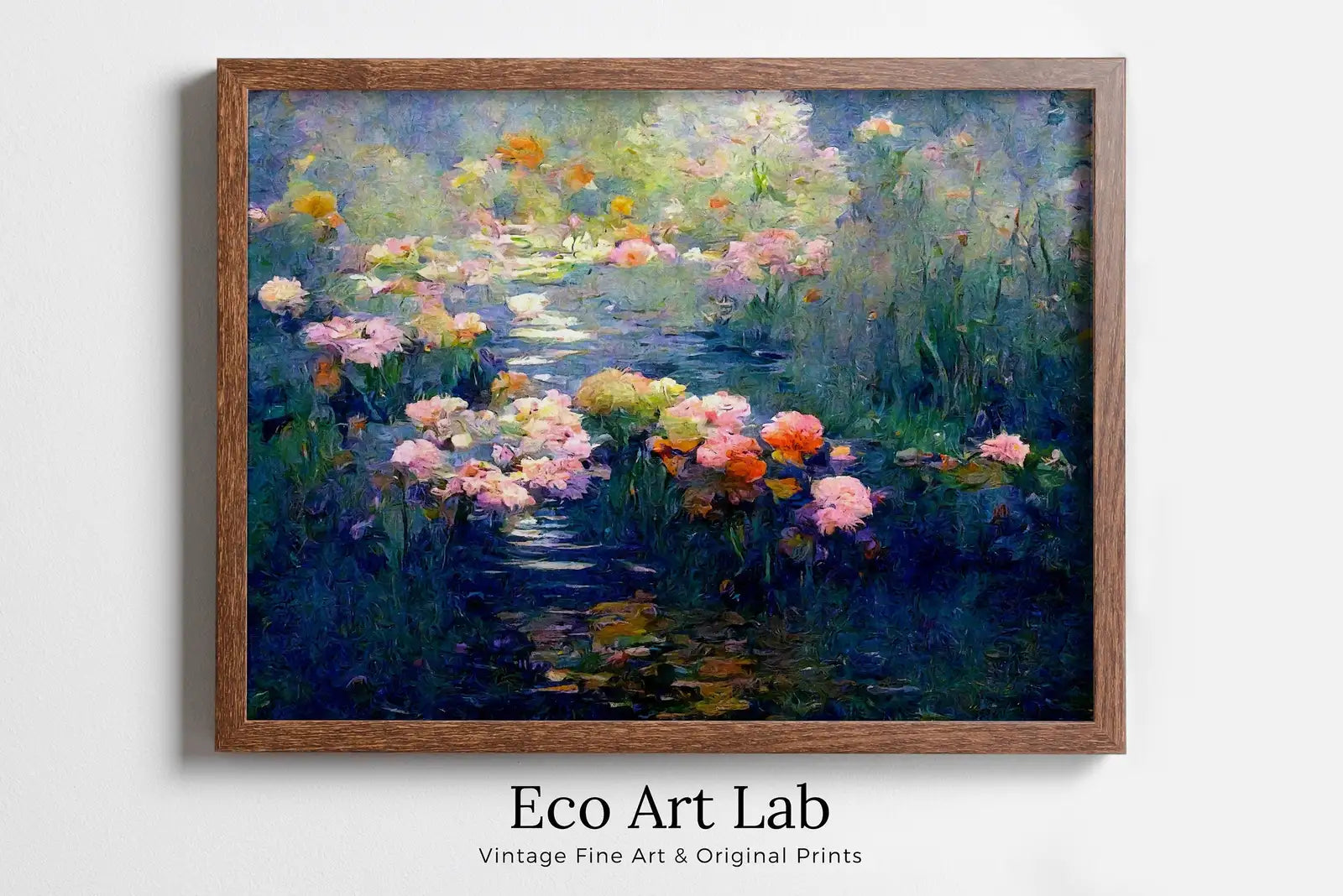 Framed view of Flowers on Pond Monet Inspired Digital Painting. Instant Download Floral Decor. Monet Botanical Print Printable Wall Art. Abstract Decor – printable wall art digital download.