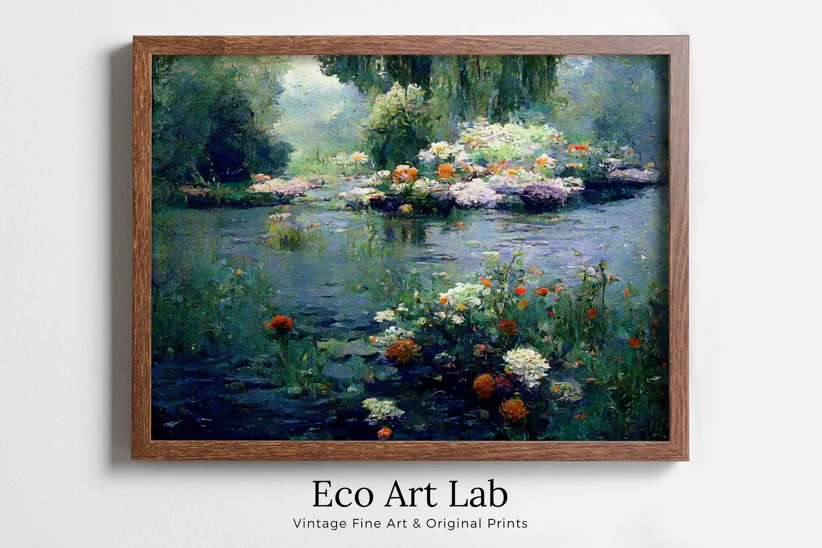 Framed view of Flowers on River Monet Inspired Digital Painting. Instant Download Floral Decor. Monet Botanical Print Printable Wall Art. Abstract Decor – printable wall art digital download.