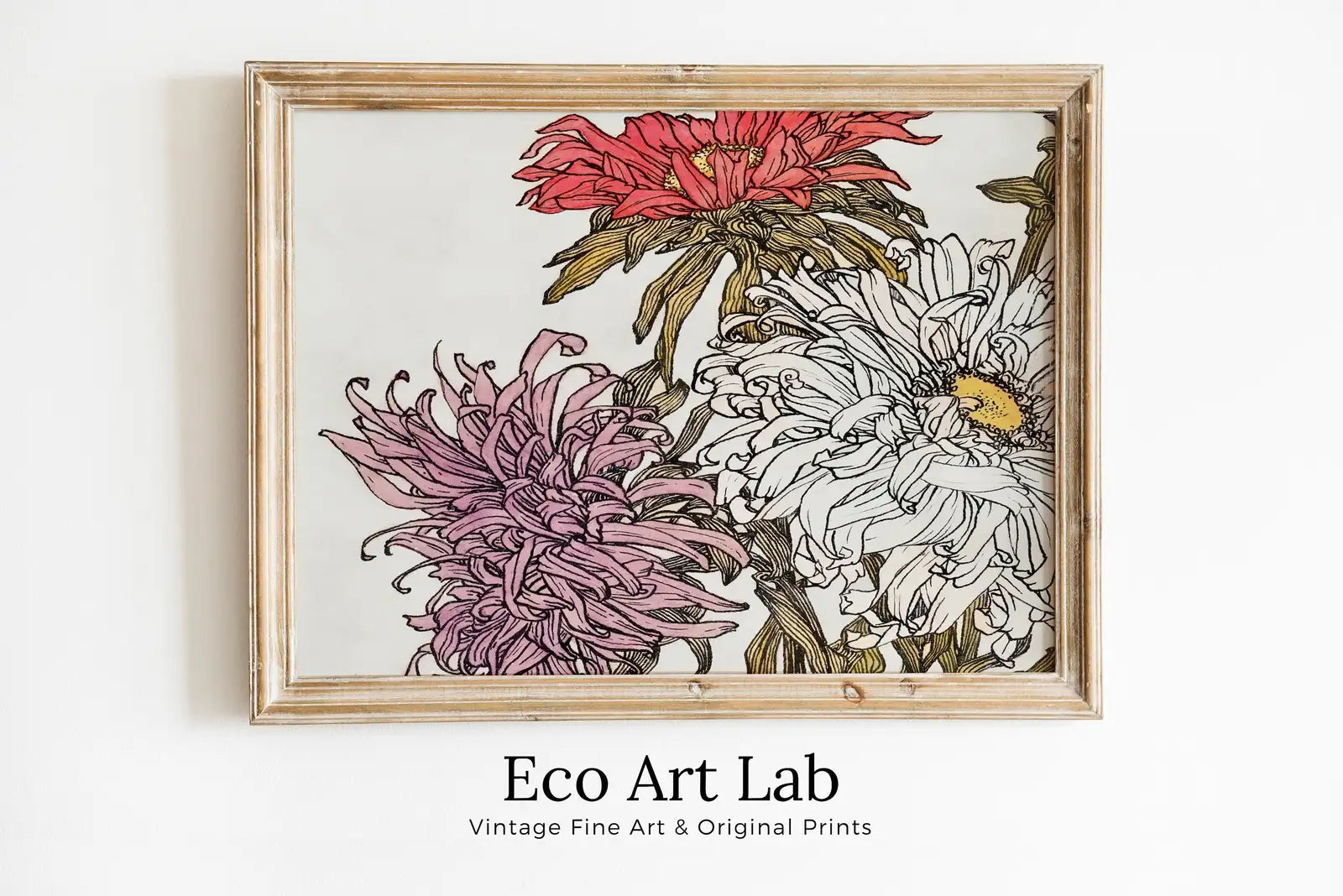 Framed view of Flowers Print Vintage Printable Wall Art. Art Nouveau Floral Print. Instant Download Poster Watercolor Wall Art. Art Nouveau Poster – printable wall art digital download.