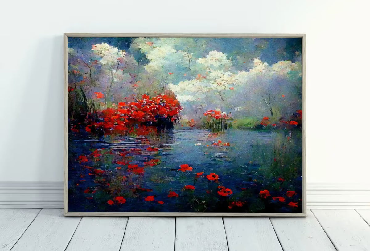 Flowers River & Clouds Monet Inspired Digital Painting. Landscape Print. Instant Download Floral Decor. Printable Wall Art. Abstract Decor – Printable Wall Art
