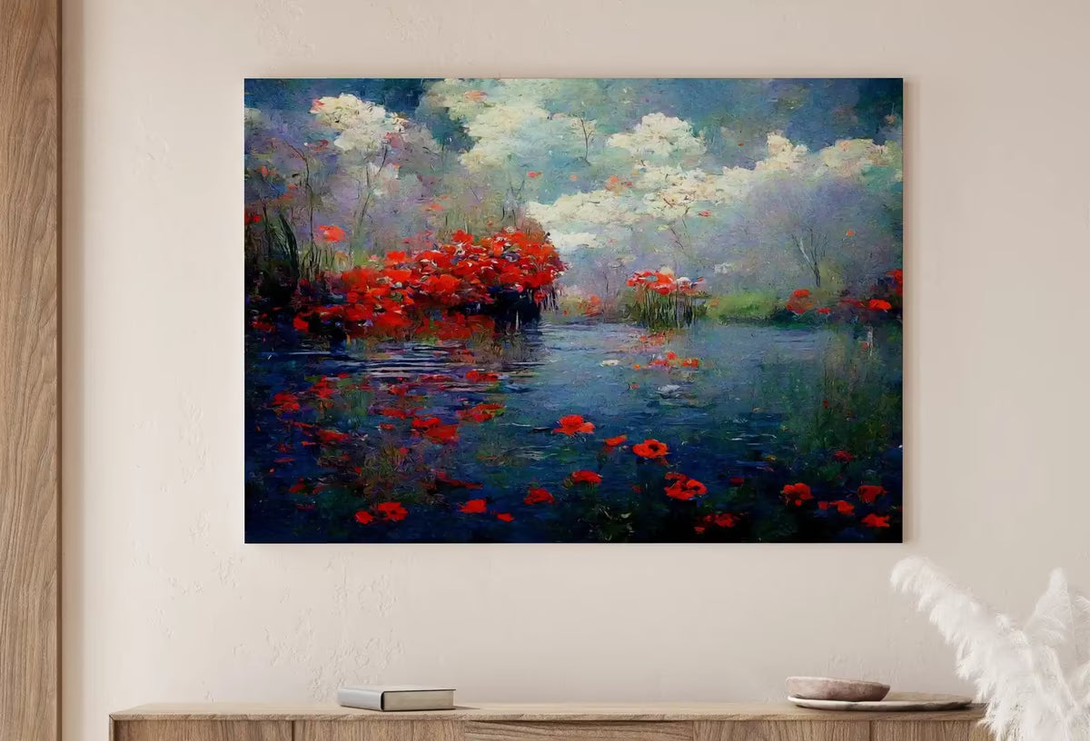 Flowers River & Clouds Monet Inspired Digital Painting. Landscape Print. Instant Download Floral Decor. Printable Wall Art. Abstract Decor – Printable Wall Art