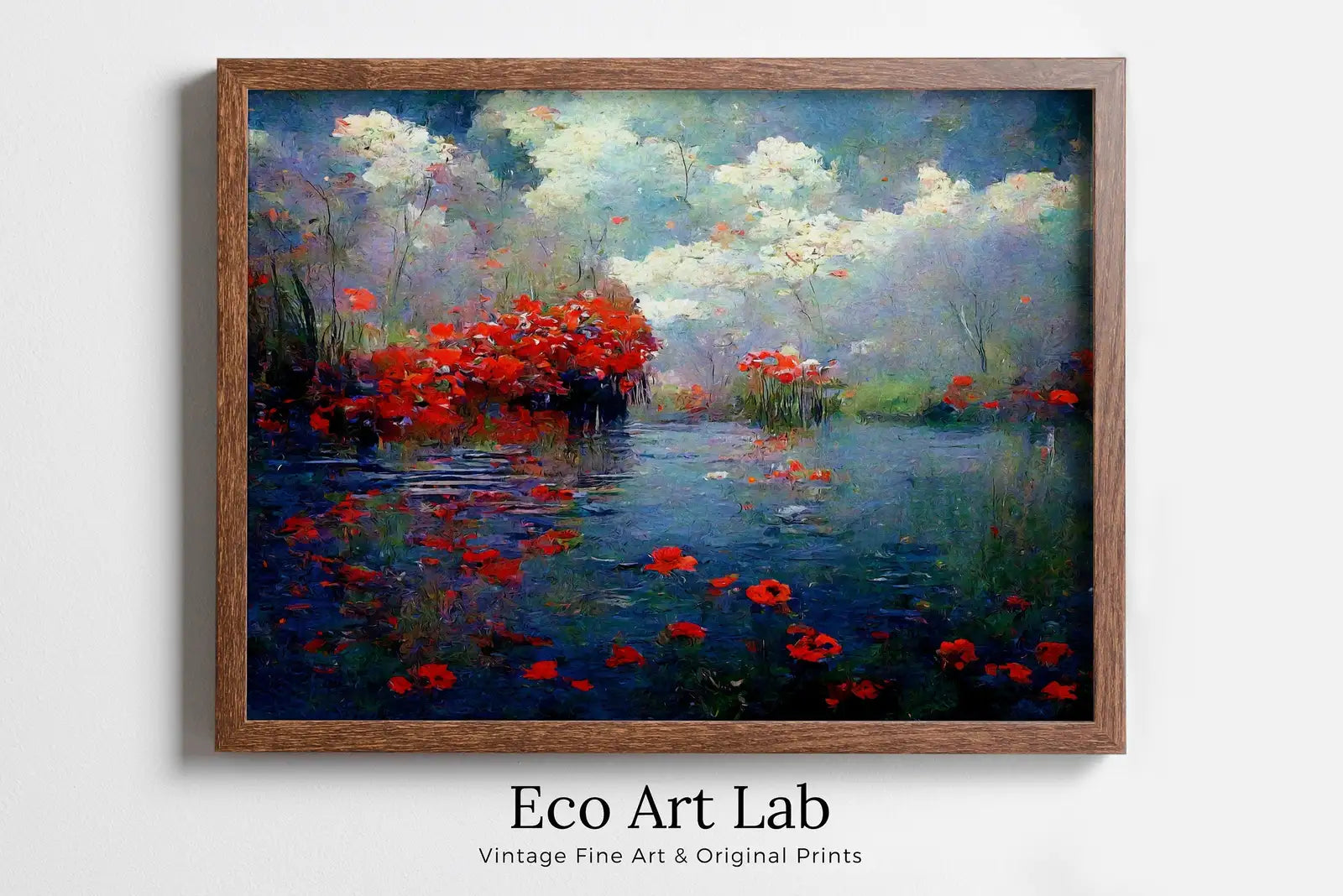 Framed view of Flowers River & Clouds Monet Inspired Digital Painting. Landscape Print. Instant Download Floral Decor. Printable Wall Art. Abstract Decor – printable wall art digital download.
