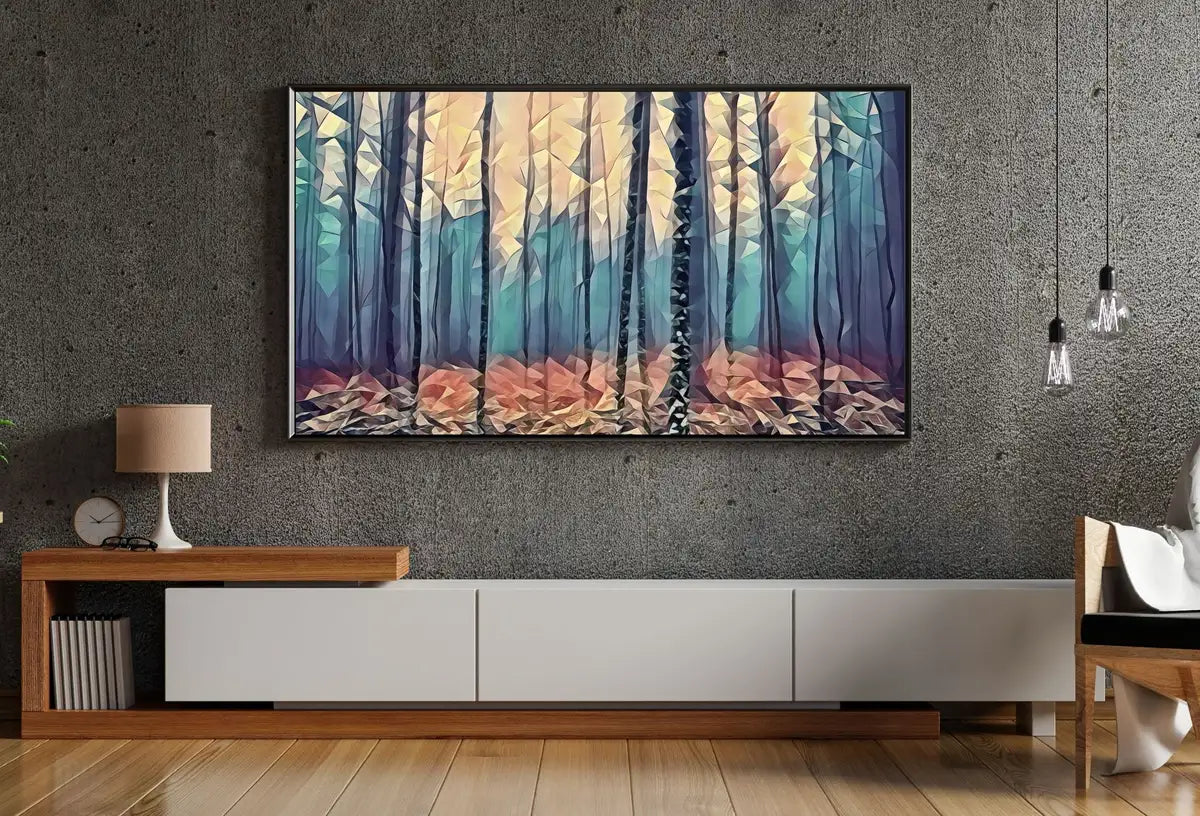 Brouillard dans le paysage forestier d’automne, art abstrait pour Frame TV. Téléchargement instantané d’art nature, art pour TV, art coloré pour Frame TV.