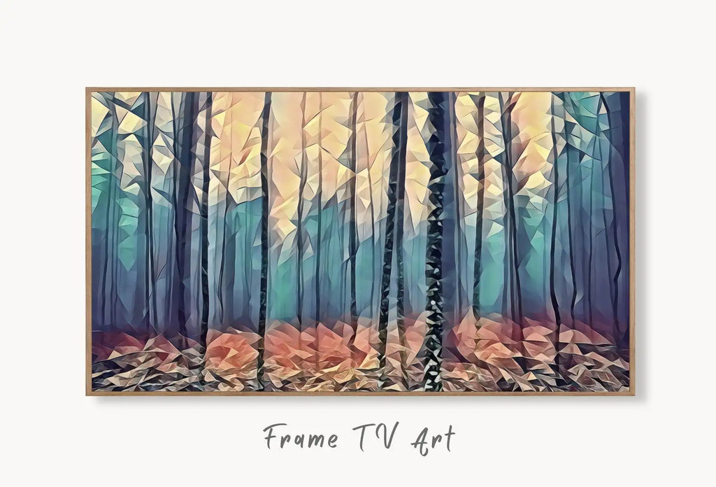 Fog in Autumn Forest Landscape, Samsung Frame TV Art Abstract Painting, Instant Download Nature Art, Art for TV, Colorful Art for Frame TV displayed on Samsung Frame TV on a living room wall.