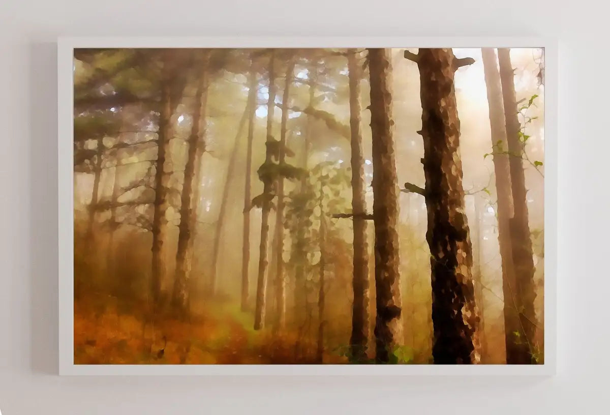 Detail view of artwork from Fog in Forest Landscape Painting, Abstract Printable Wall Art, for Home or Office Decor, Nature Print Digital Art Instant Download. (variation 2)