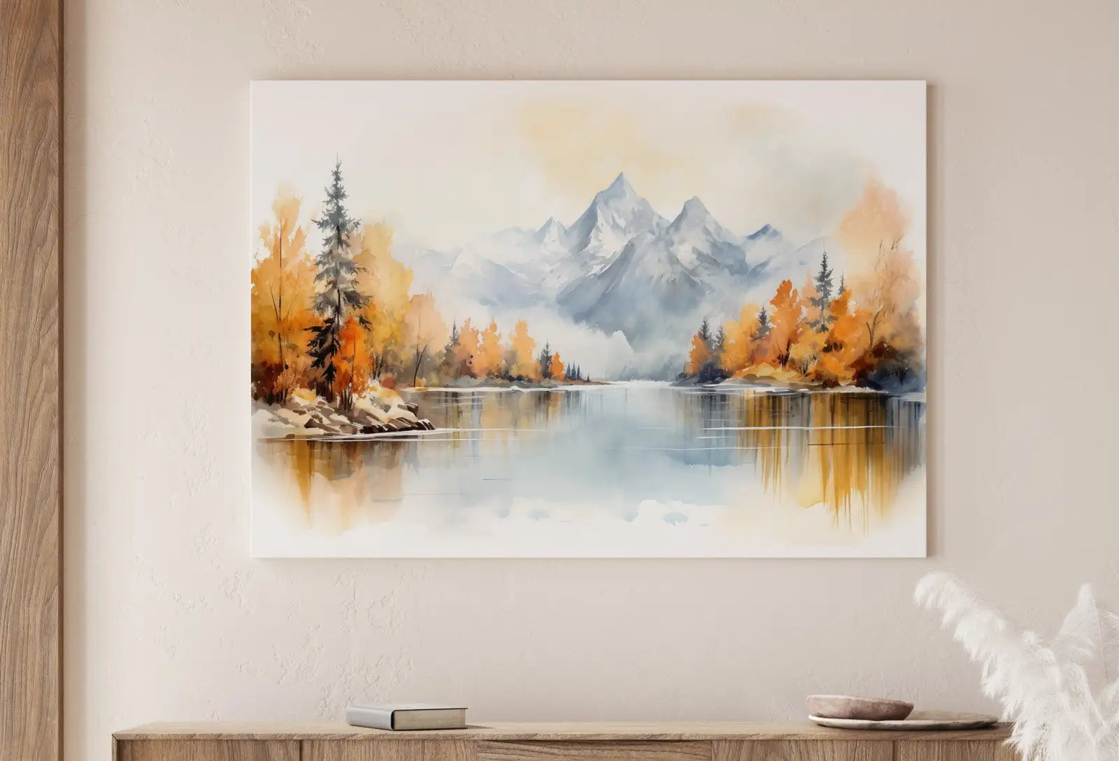 Included artwork preview showing first selection of artworks from Forest Lake & Mountain Fall Watercolor Painting. Colorful Forest Landscape. Printable Nature Art. Mountain Forest Art. Printable Wall Art.