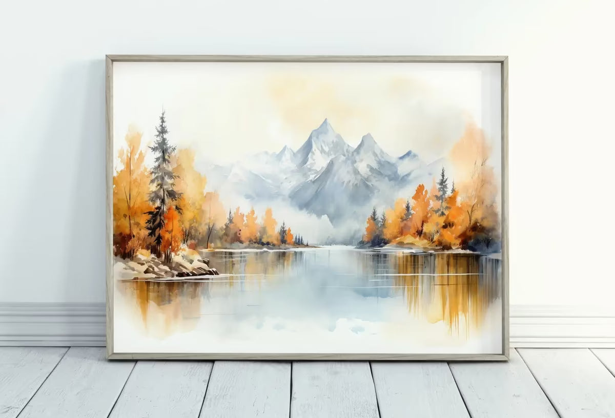 Forest Lake & Mountain Fall Watercolor Painting. Colorful Forest Landscape. Printable Nature Art. Mountain Forest Art. Printable Wall Art – Printable Wall Art