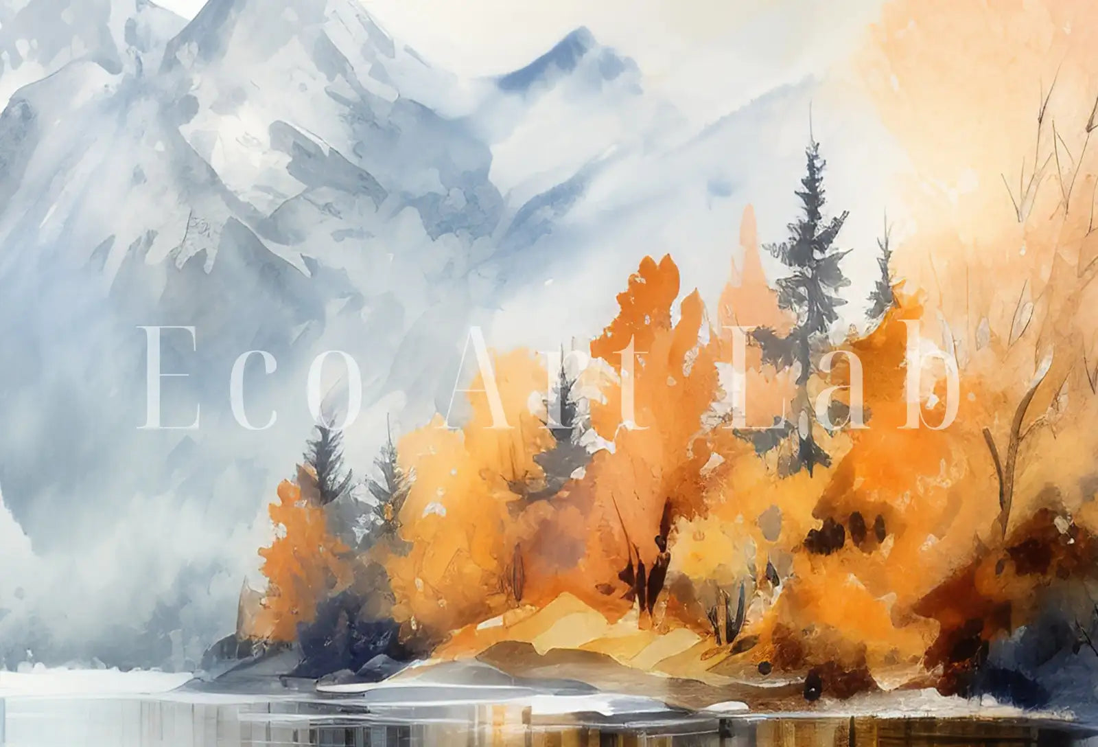 Detail view of artwork from Forest Lake & Mountain Fall Watercolor Painting. Colorful Forest Landscape. Printable Nature Art. Mountain Forest Art. Printable Wall Art. (variation 1)