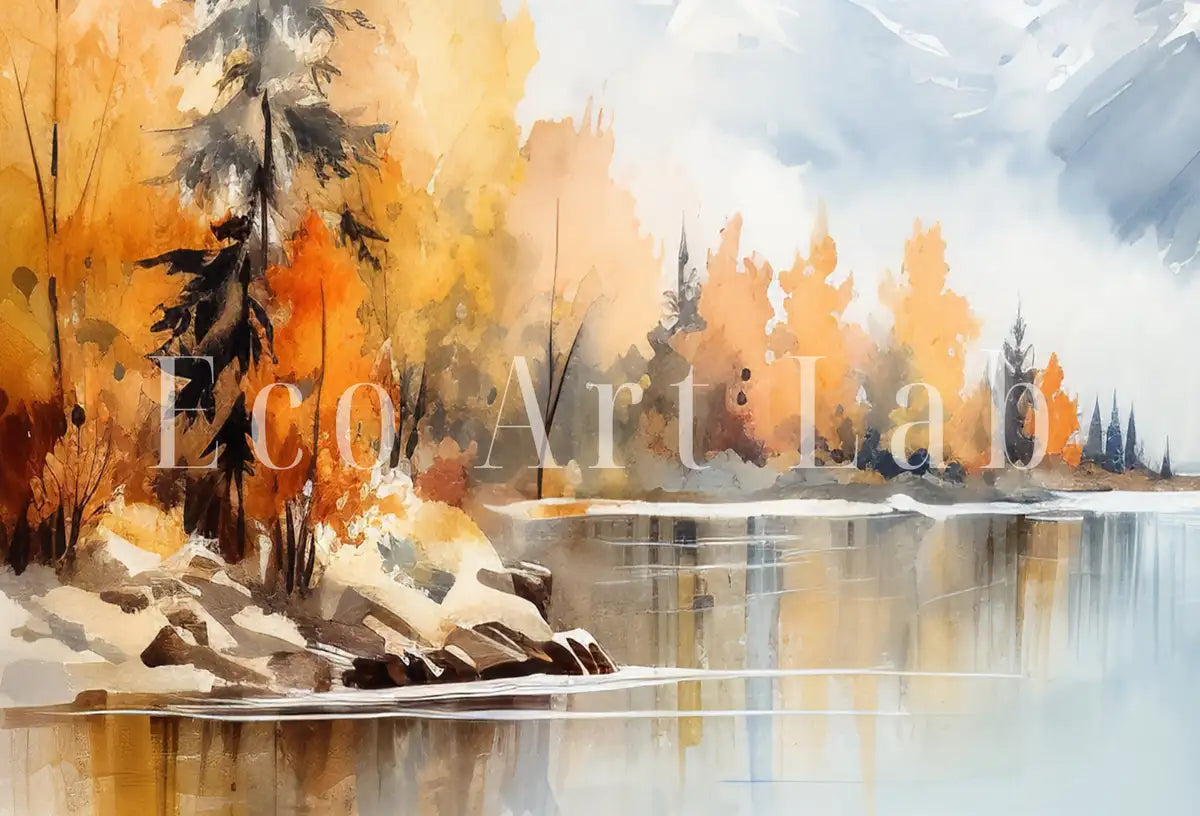 Detail view of artwork from Forest Lake & Mountain Fall Watercolor Painting. Colorful Forest Landscape. Printable Nature Art. Mountain Forest Art. Printable Wall Art. (variation 2)