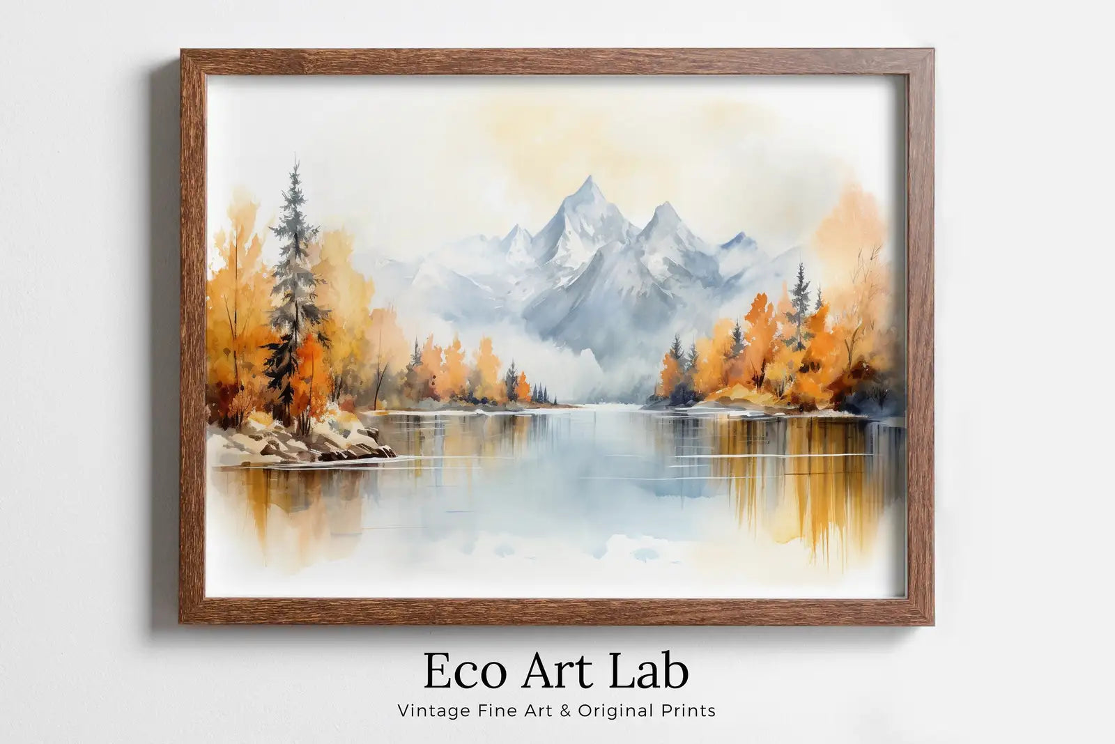Framed view of Forest Lake & Mountain Fall Watercolor Painting. Colorful Forest Landscape. Printable Nature Art. Mountain Forest Art. Printable Wall Art – printable wall art digital download.