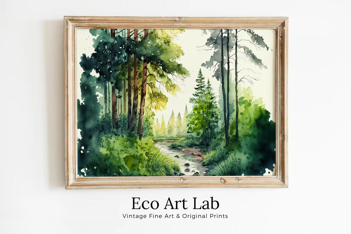 Forest Landscape Printable. Digital Art. Green Forest Trees Watercolor Painting Print. Printable Wall Art. Nature Decor. Spring Forest River – Printable Wall Art