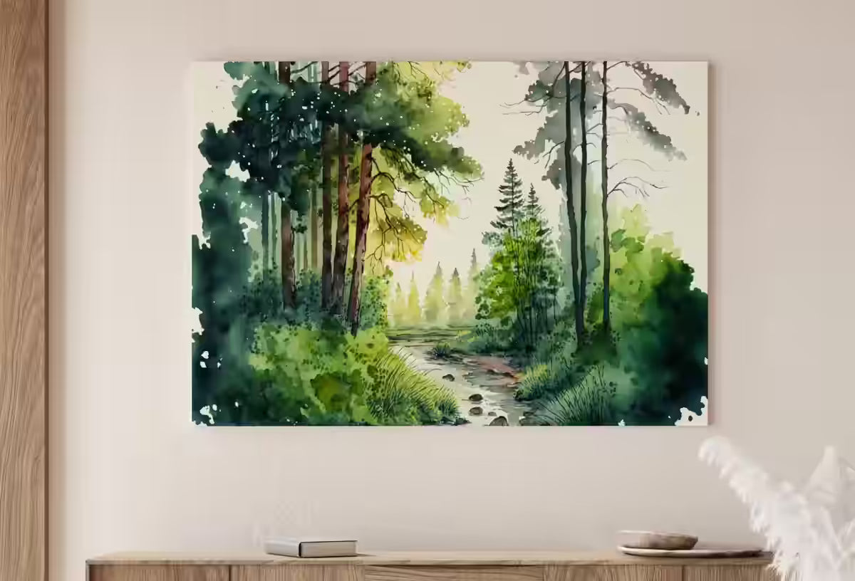 Forest Landscape Printable. Digital Art. Green Forest Trees Watercolor Painting Print. Printable Wall Art. Nature Decor. Spring Forest River – Printable Wall Art