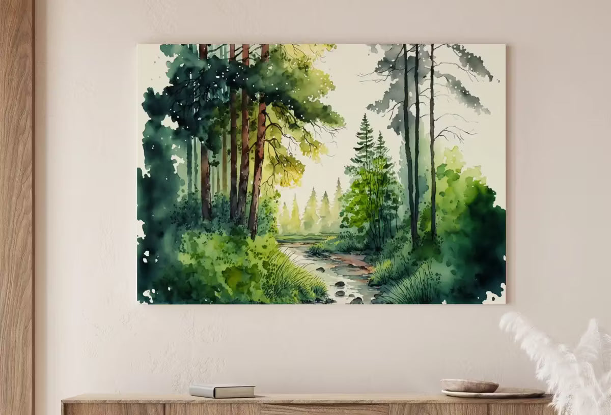 Forest Landscape Printable. Digital Art. Green Forest Trees Watercolor Painting Print. Printable Wall Art. Nature Decor. Spring Forest River – Printable Wall Art