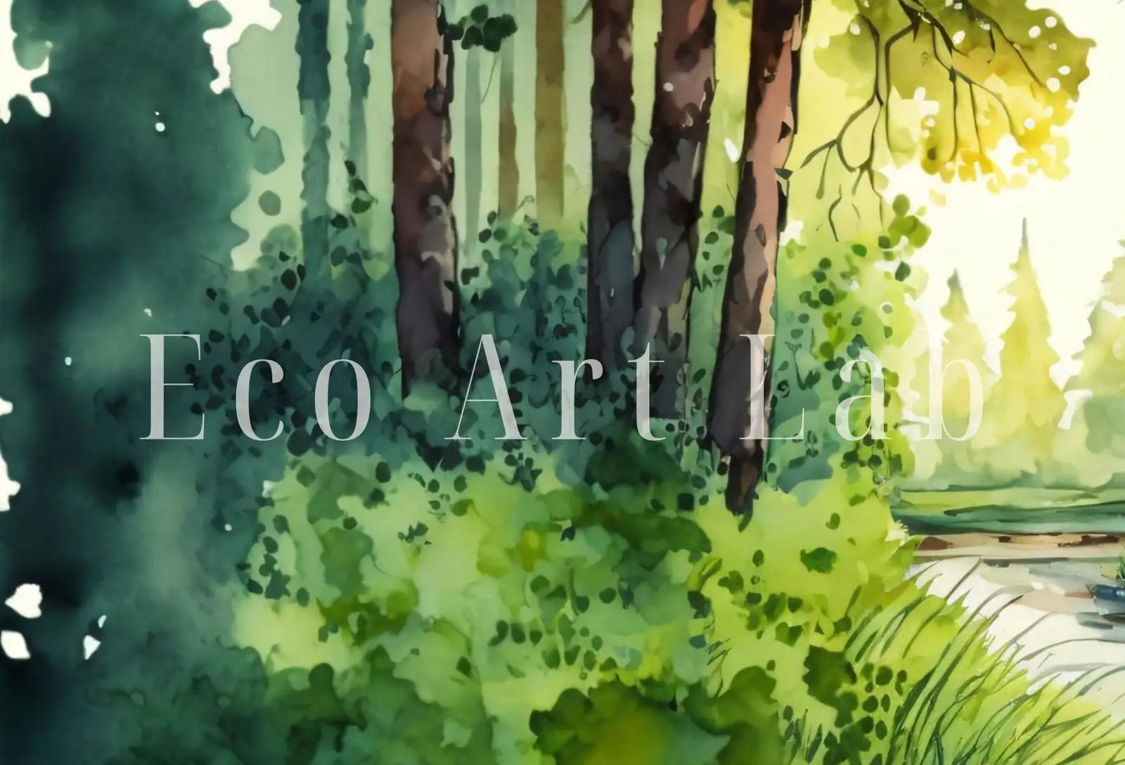 Detail view of artwork from Forest Landscape Printable. Digital Art. Green Forest Trees Watercolor Painting Print. Printable Wall Art. Nature Decor. Spring Forest River. (variation 1)