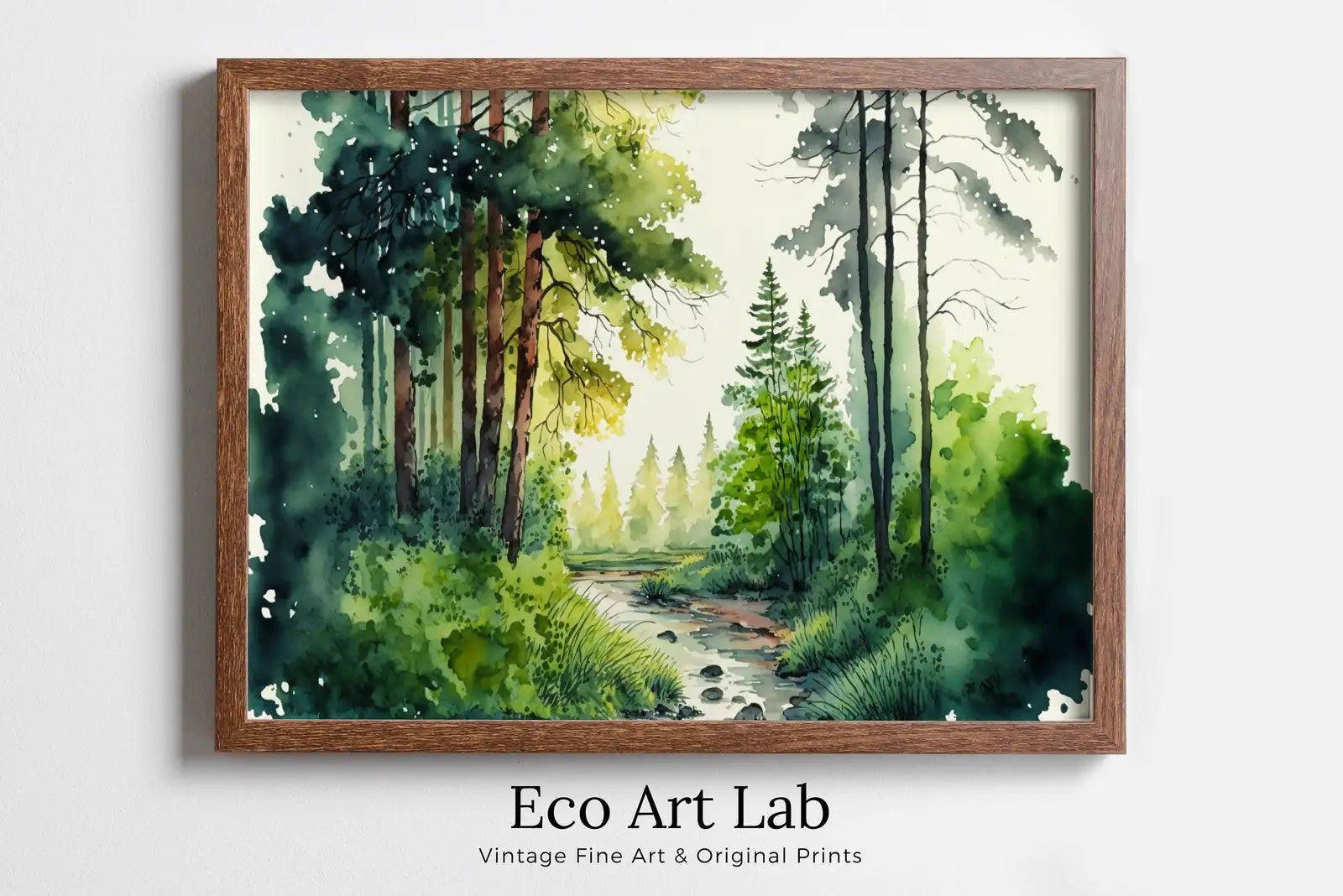 Framed view of Forest Landscape Printable. Digital Art. Green Forest Trees Watercolor Painting Print. Printable Wall Art. Nature Decor. Spring Forest River – printable wall art digital download.