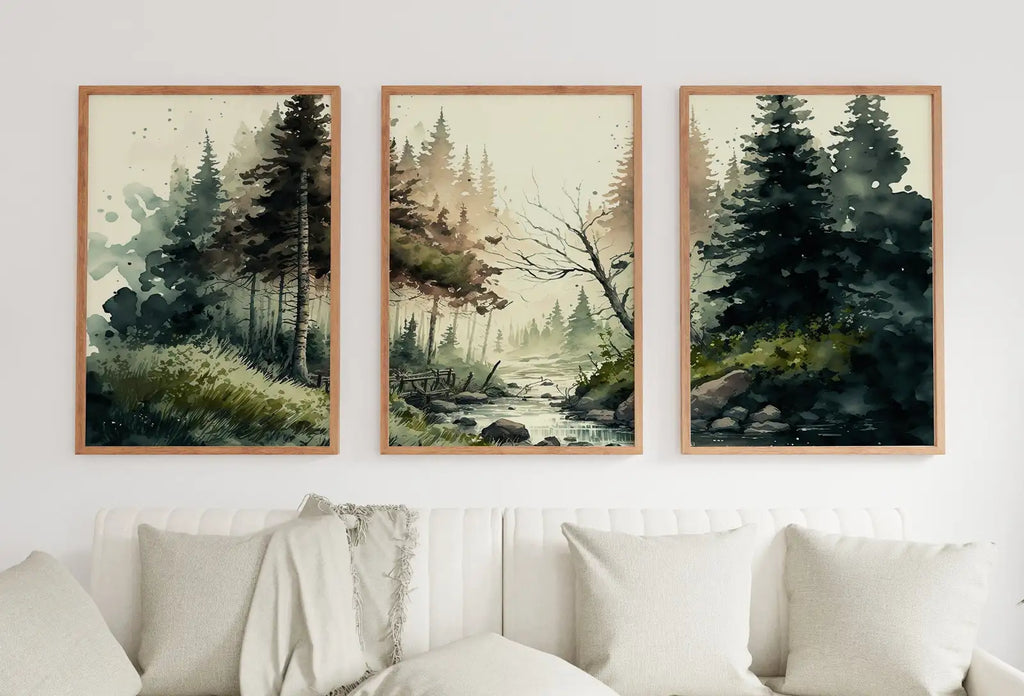 Included artwork preview showing first selection of artworks from Forest Landscape Printable. Forest River Set of 3 Prints. Green Forest Trees Watercolor Painting. Printable Wall Art. 3 Piece Gallery Wall.