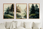 Included artwork preview showing first selection of artworks from Forest Landscape Printable. Forest River Set of 3 Prints. Green Forest Trees Watercolor Painting. Printable Wall Art. 3 Piece Gallery Wall.