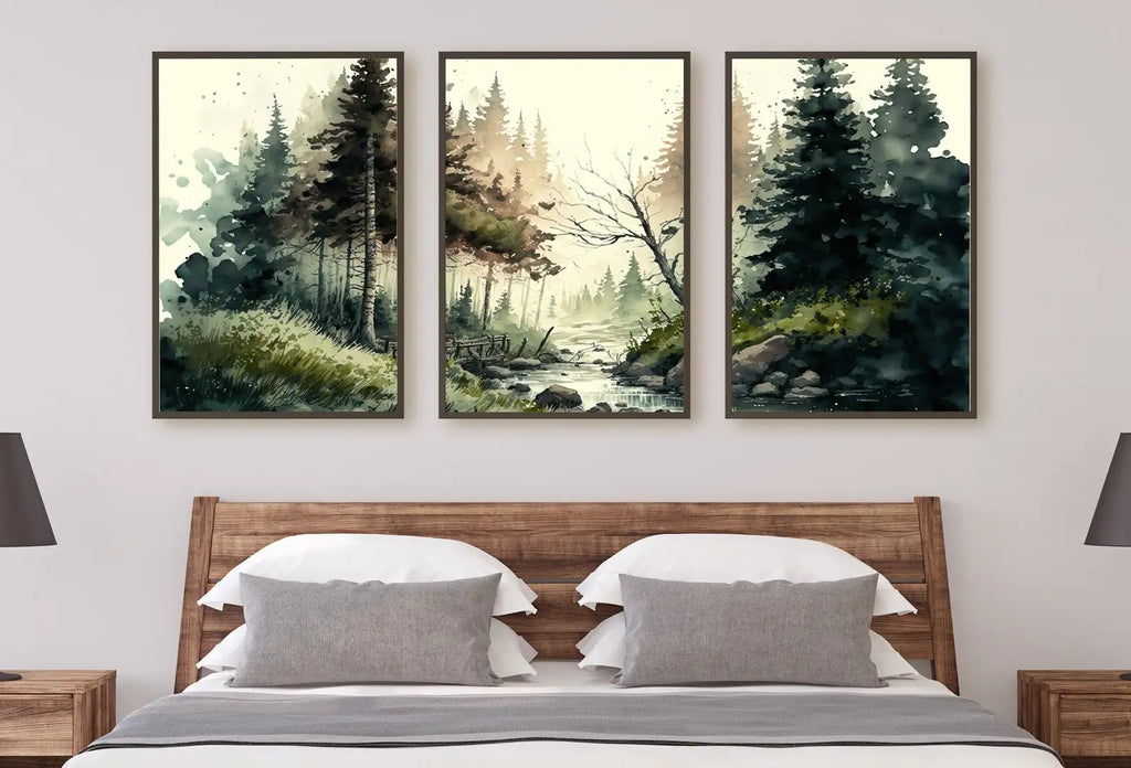 Detail view of artwork from Forest Landscape Printable. Forest River Set of 3 Prints. Green Forest Trees Watercolor Painting. Printable Wall Art. 3 Piece Gallery Wall. (variation 1)