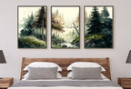 Detail view of artwork from Forest Landscape Printable. Forest River Set of 3 Prints. Green Forest Trees Watercolor Painting. Printable Wall Art. 3 Piece Gallery Wall. (variation 1)