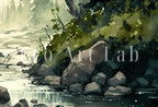 Detail view of artwork from Forest Landscape Printable. Forest River Set of 3 Prints. Green Forest Trees Watercolor Painting. Printable Wall Art. 3 Piece Gallery Wall. (variation 2)