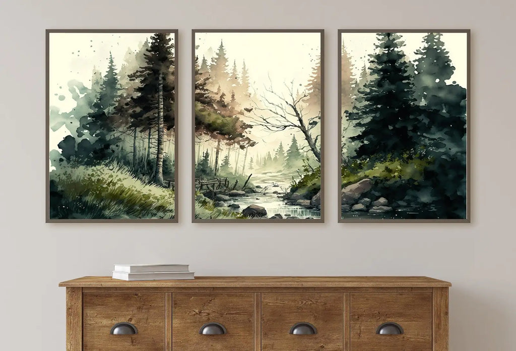 Framed view of Forest Landscape Printable. Forest River Set of 3 Prints. Green Forest Trees Watercolor Painting. Printable Wall Art. 3 Piece Gallery Wall – printable wall art digital download.