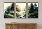 Framed view of Forest Landscape Printable. Forest River Set of 3 Prints. Green Forest Trees Watercolor Painting. Printable Wall Art. 3 Piece Gallery Wall – printable wall art digital download.