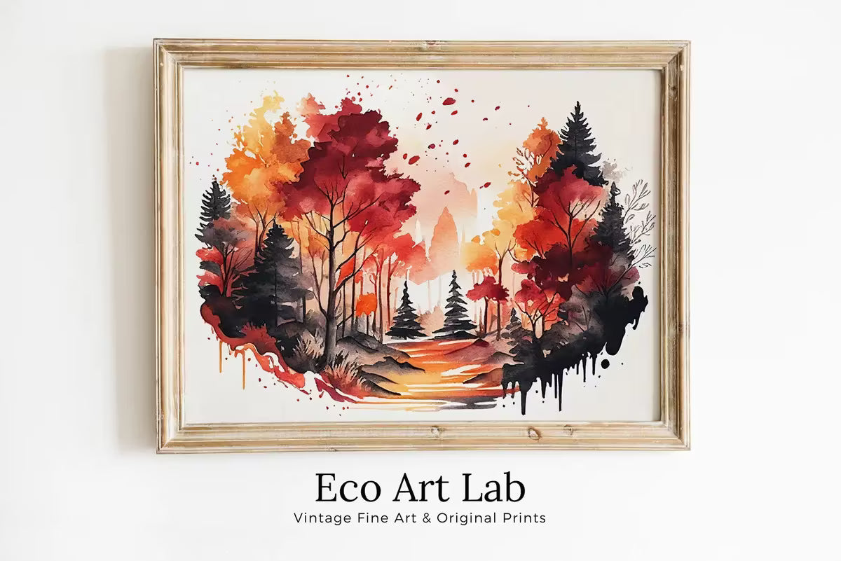 Forest Landscape Printable. Watercolor Autumn Forest Trees Painting Print. Printable Wall Art. Digital Art Nature Decor. Mountain Forest Art – Printable Wall Art