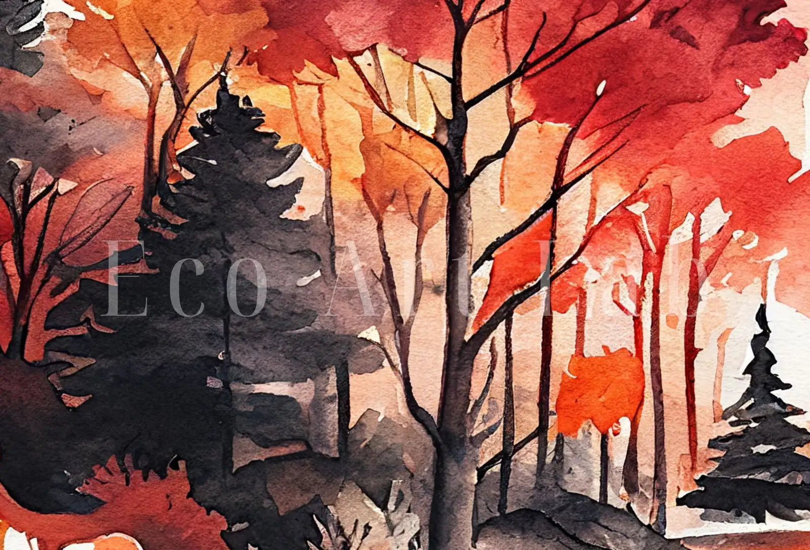 Detail view of artwork from Forest Landscape Printable. Watercolor Autumn Forest Trees Painting Print. Printable Wall Art. Digital Art Nature Decor. Mountain Forest Art. (variation 1)