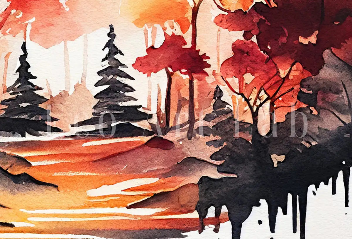 Detail view of artwork from Forest Landscape Printable. Watercolor Autumn Forest Trees Painting Print. Printable Wall Art. Digital Art Nature Decor. Mountain Forest Art. (variation 2)