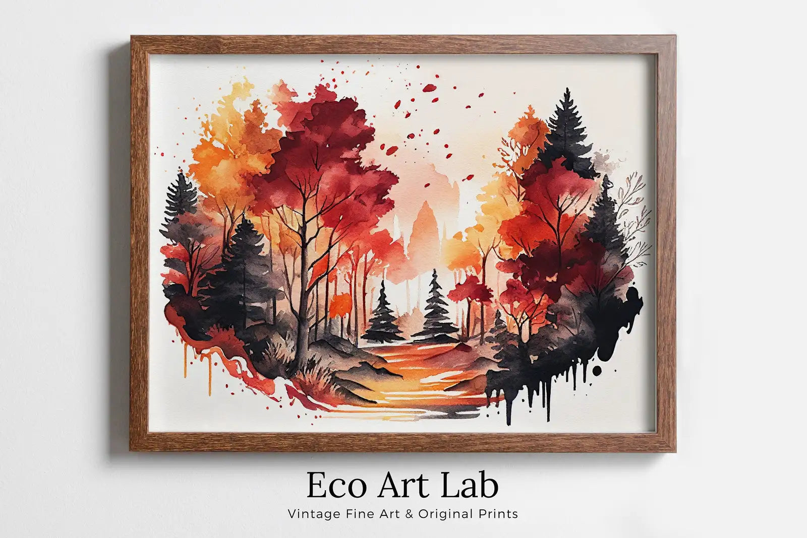 Framed view of Forest Landscape Printable. Watercolor Autumn Forest Trees Painting Print. Printable Wall Art. Digital Art Nature Decor. Mountain Forest Art – printable wall art digital download.