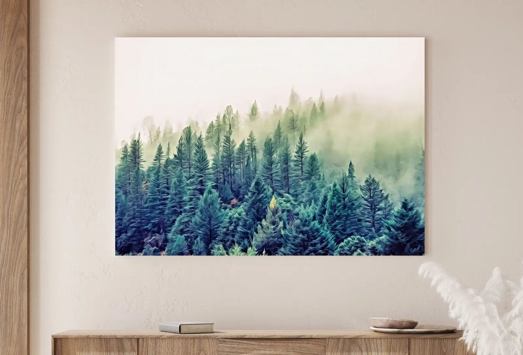 Detail view of artwork from Forest Morning Mist Landscape Digital Painting. Printable Wall Art, Home or Office Decor. Forest Wall Art, Nature Print Instant Download. (variation 1)