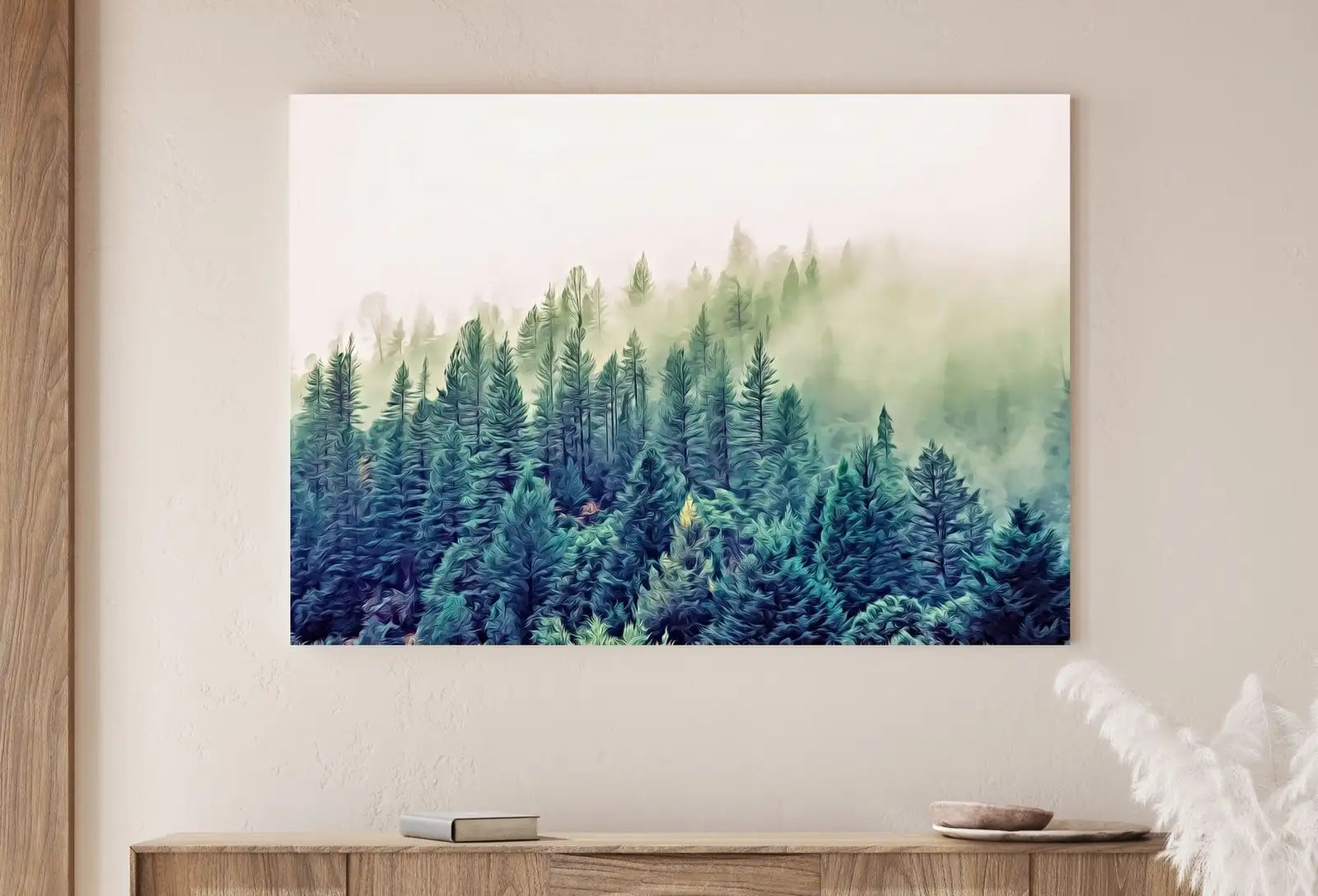 Detail view of artwork from Forest Morning Mist Landscape Digital Painting. Printable Wall Art, Home or Office Decor. Forest Wall Art, Nature Print Instant Download. (variation 1)