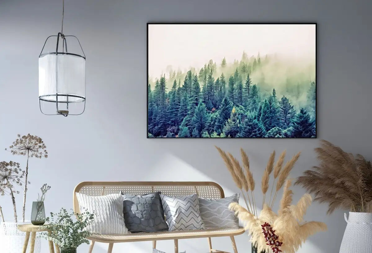 Detail view of artwork from Forest Morning Mist Landscape Digital Painting. Printable Wall Art, Home or Office Decor. Forest Wall Art, Nature Print Instant Download. (variation 2)