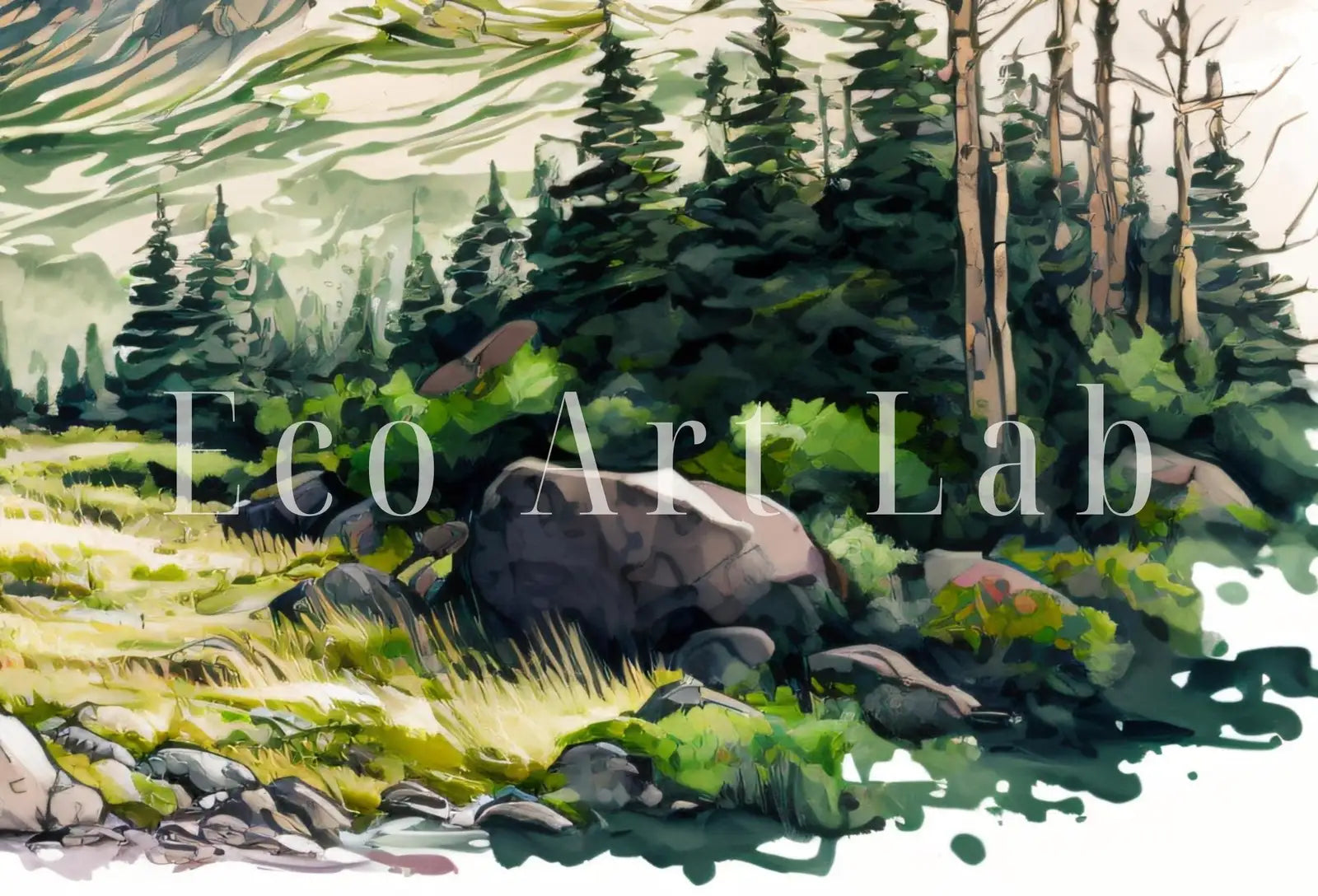 Detail view of artwork from Forest & Mountain Watercolor Painting Print. Forest Landscape Printable. Printable Wall Art. Digital Art. Nature Decor. Mountain Forest Art. (variation 1)