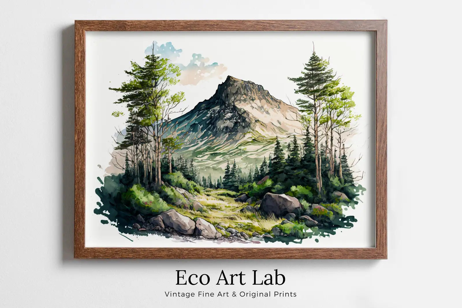 Framed view of Forest & Mountain Watercolor Painting Print. Forest Landscape Printable. Printable Wall Art. Digital Art. Nature Decor. Mountain Forest Art – printable wall art digital download.