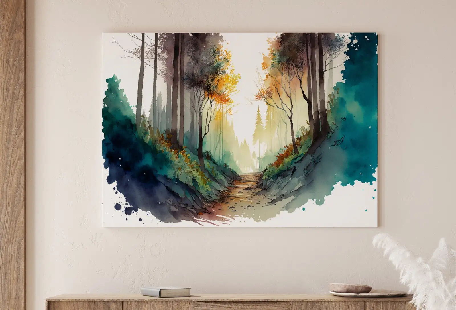Detail view of artwork from Forest Painting Printable Wall Art. Watercolor Forest Landscape Printable. Colorful Forest Trees Painting Print. Digital Art. Nature Decor.. (variation 1)