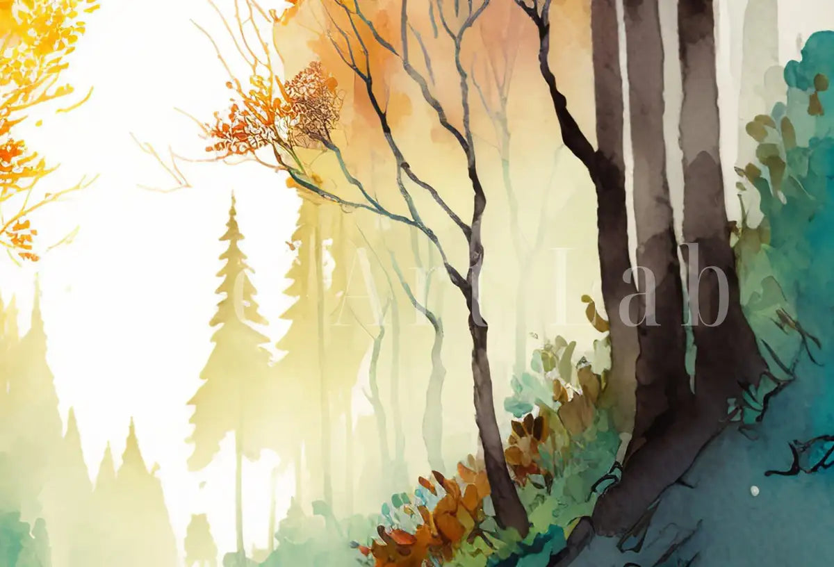 Detail view of artwork from Forest Painting Printable Wall Art. Watercolor Forest Landscape Printable. Colorful Forest Trees Painting Print. Digital Art. Nature Decor.. (variation 2)