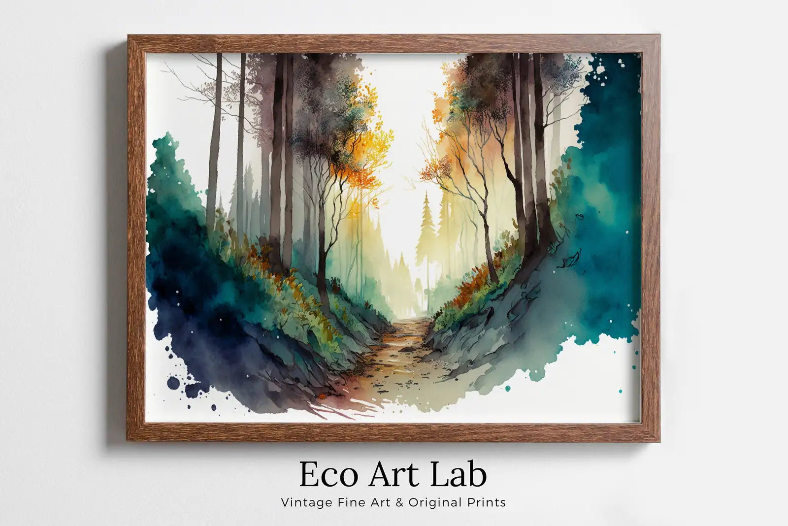 Framed view of Forest Painting Printable Wall Art. Watercolor Forest Landscape Printable. Colorful Forest Trees Painting Print. Digital Art. Nature Decor. – printable wall art digital download.