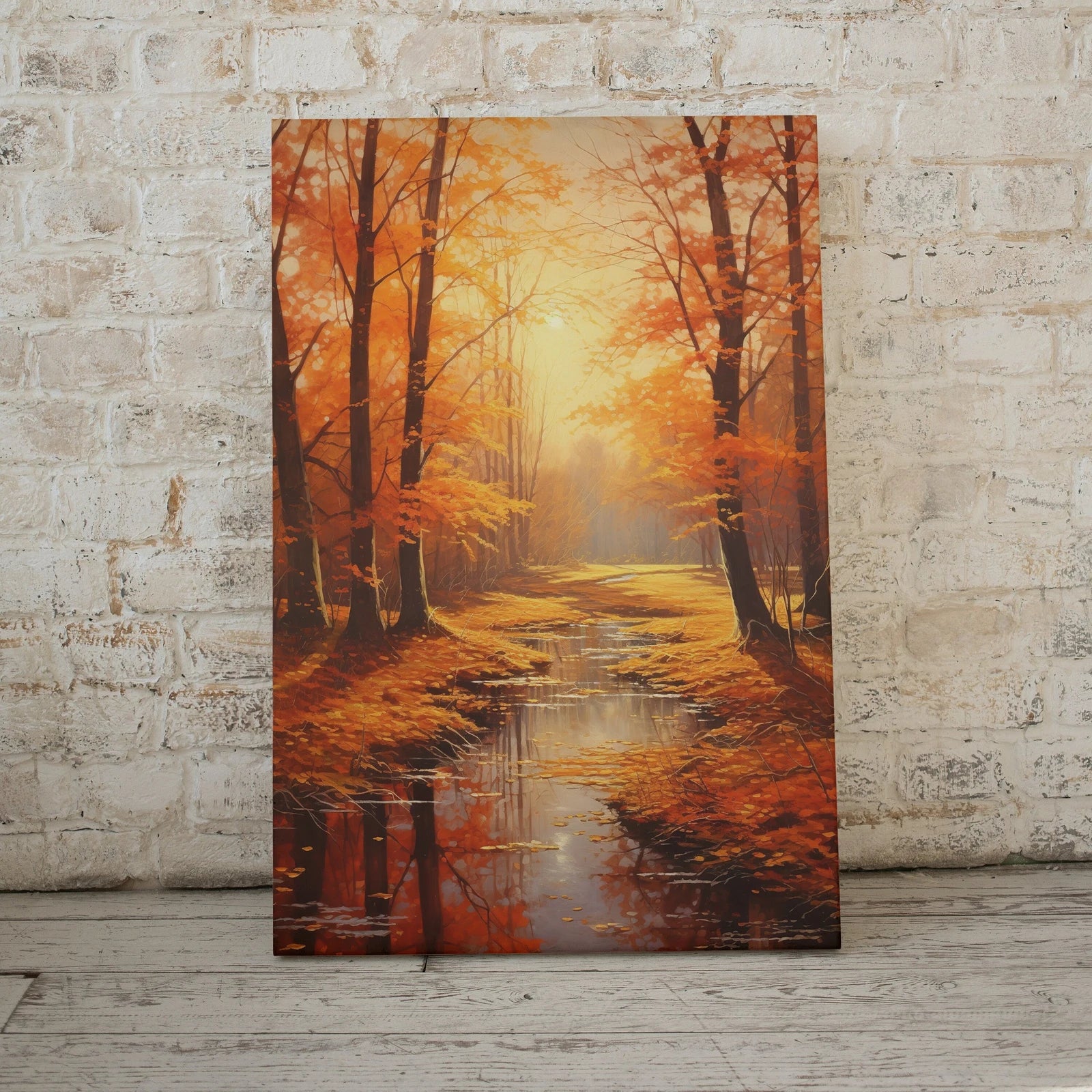 Detail view of artwork from Forest River in the Fall Landscape Painting. Printable Vertical Wall Art. Home or Office Decor. Nature Print Autumn Art. Instant Download. (variation 1)