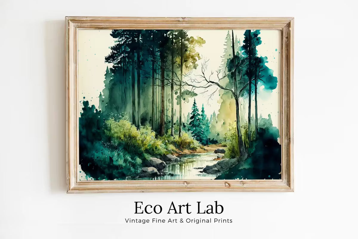 Forest & River Landscape Printable. Printable Wall Art. Green Forest Trees Watercolor Painting Print. Digital Art. Nature Decor. Forest Art – Printable Wall Art