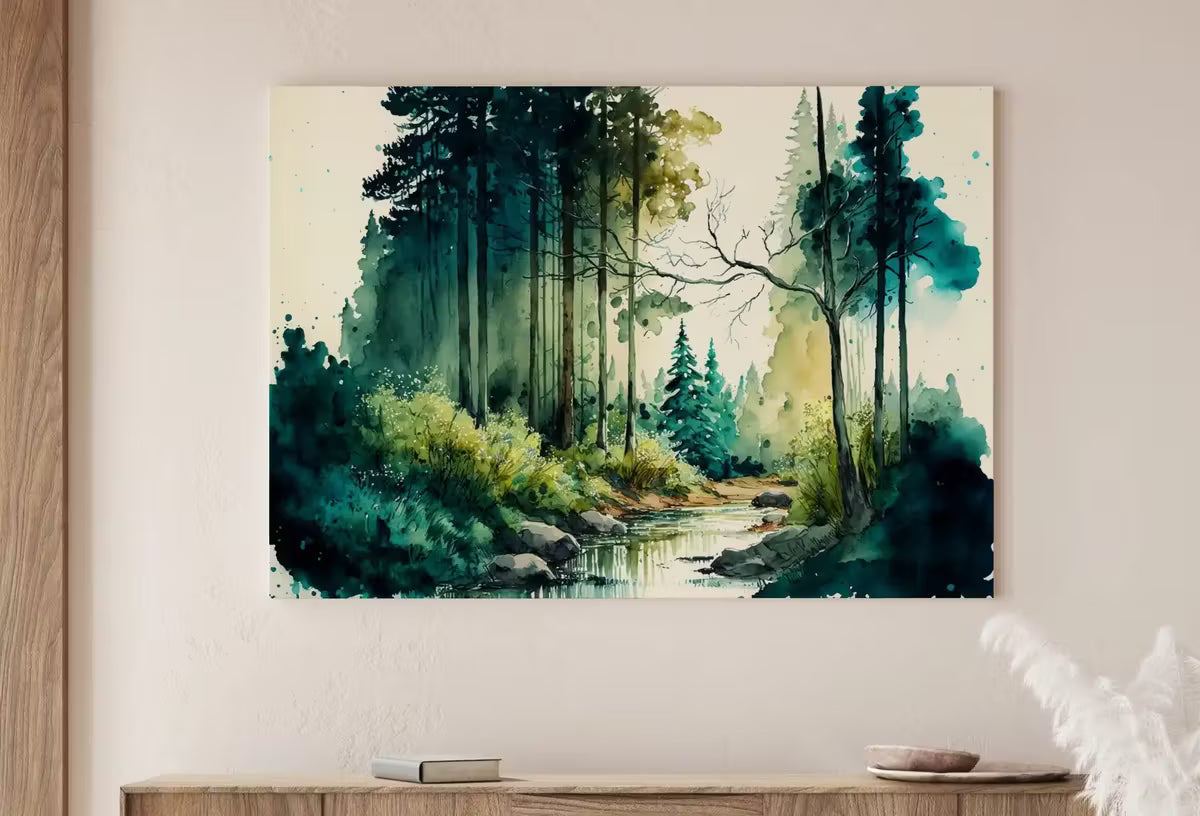 Forest & River Landscape Printable. Printable Wall Art. Green Forest Trees Watercolor Painting Print. Digital Art. Nature Decor. Forest Art – Printable Wall Art