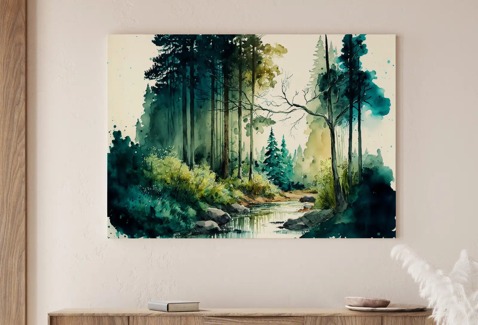 Detail view of artwork from Forest & River Landscape Printable. Printable Wall Art. Green Forest Trees Watercolor Painting Print. Digital Art. Nature Decor. Forest Art. (variation 1)