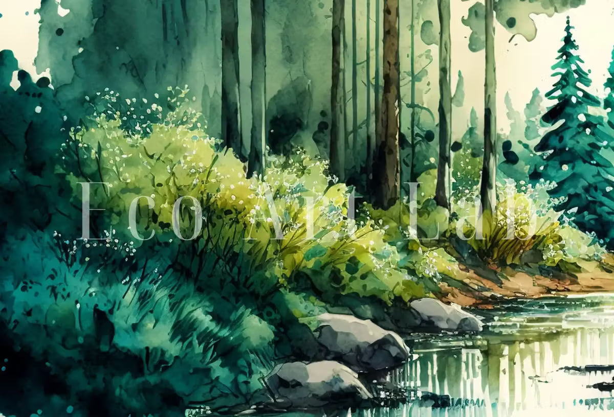 Forest & River Landscape Printable. Printable Wall Art. Green Forest Trees Watercolor Painting Print. Digital Art. Nature Decor. Forest Art – Printable Wall Art