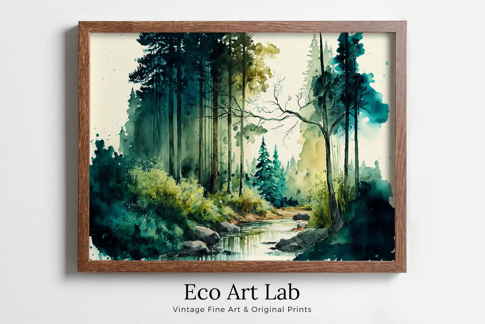 Framed view of Forest & River Landscape Printable. Printable Wall Art. Green Forest Trees Watercolor Painting Print. Digital Art. Nature Decor. Forest Art – printable wall art digital download.