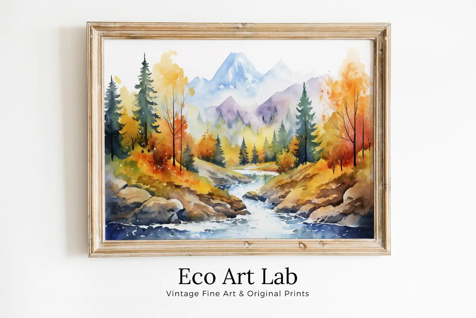 Included artwork preview showing first selection of artworks from Forest River & Mountain Fall Watercolor Painting. Colorful Forest Landscape. Printable Nature Art. Mountain Forest Art. Printable Wall Art.