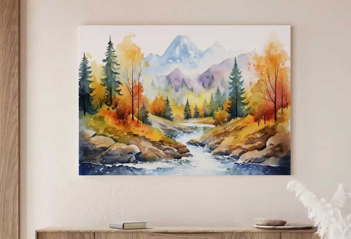 Forest River & Mountain Fall Watercolor Painting. Colorful Forest Landscape. Printable Nature Art. Mountain Forest Art. Printable Wall Art – Printable Wall Art