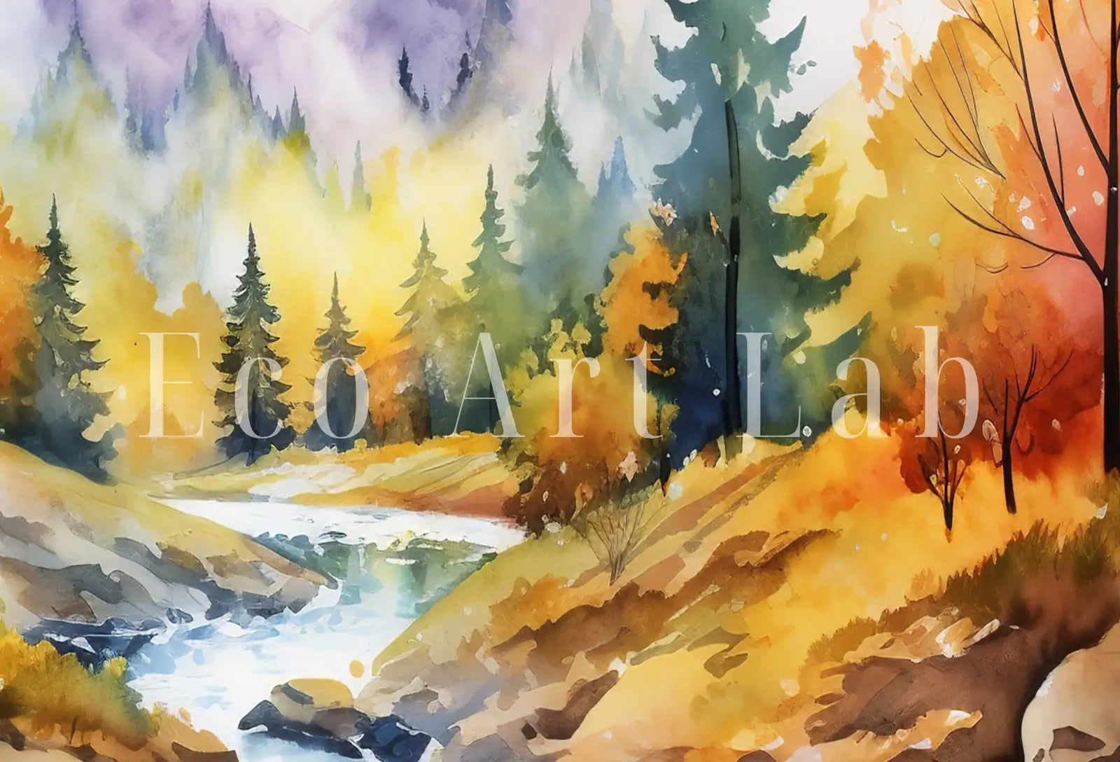Detail view of artwork from Forest River & Mountain Fall Watercolor Painting. Colorful Forest Landscape. Printable Nature Art. Mountain Forest Art. Printable Wall Art. (variation 1)