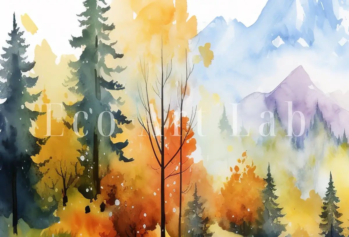 Detail view of artwork from Forest River & Mountain Fall Watercolor Painting. Colorful Forest Landscape. Printable Nature Art. Mountain Forest Art. Printable Wall Art. (variation 2)