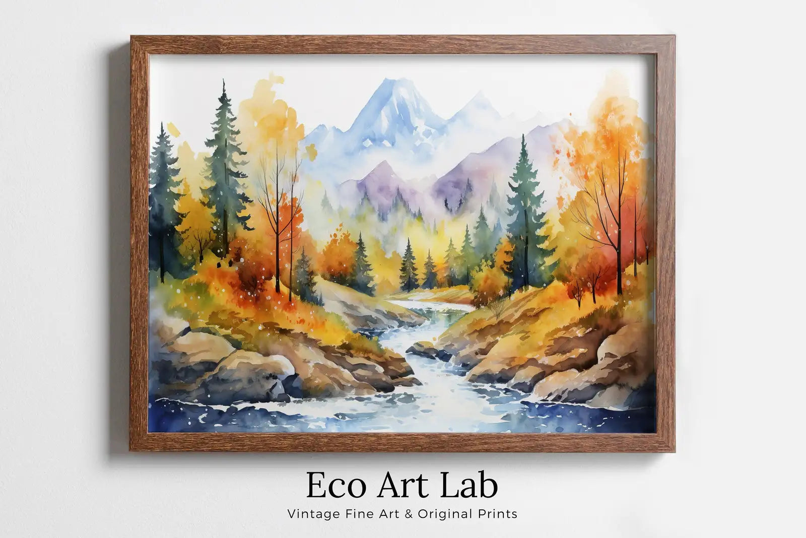 Framed view of Forest River & Mountain Fall Watercolor Painting. Colorful Forest Landscape. Printable Nature Art. Mountain Forest Art. Printable Wall Art – printable wall art digital download.